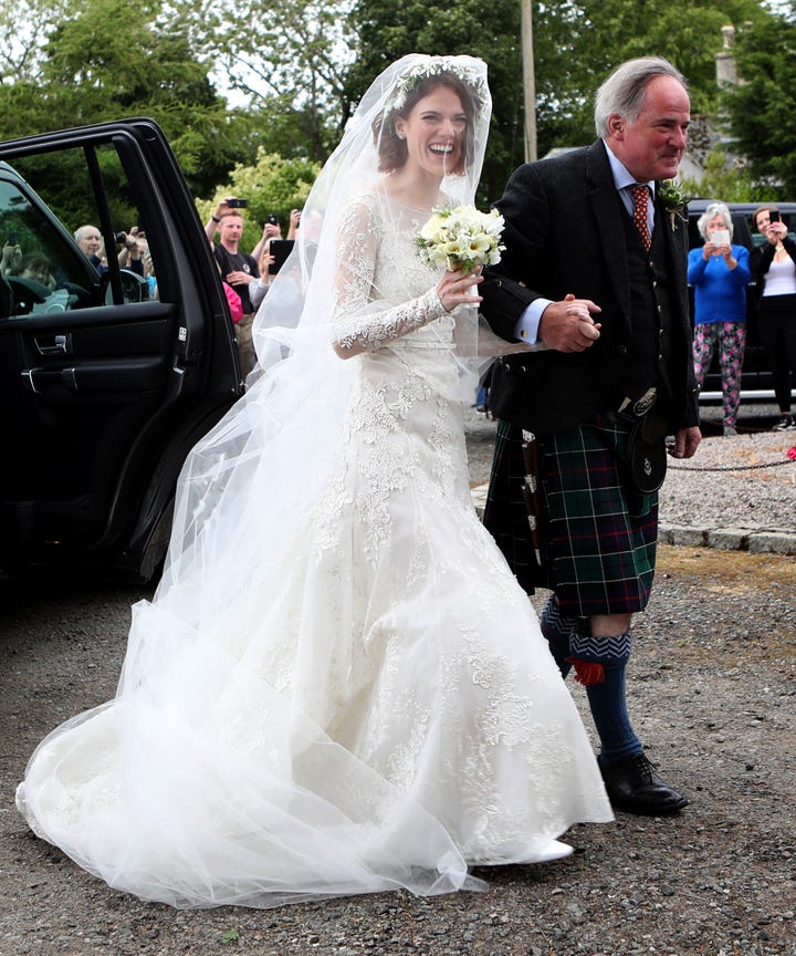 rose leslie wears vintage lacy wedding gown photos