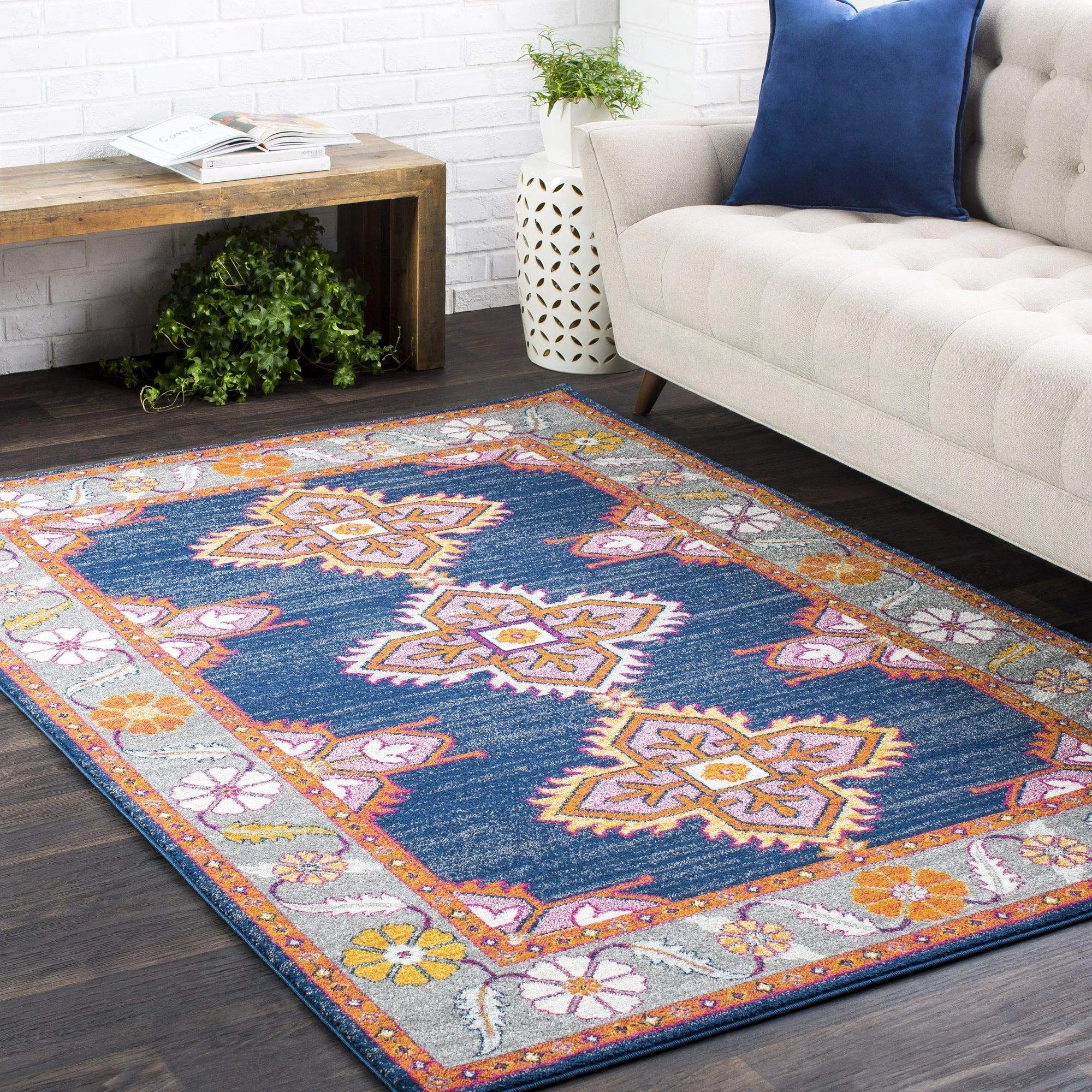 Bungalow Rose Arteaga Navy Blue Orange Pink Gray Area Rug