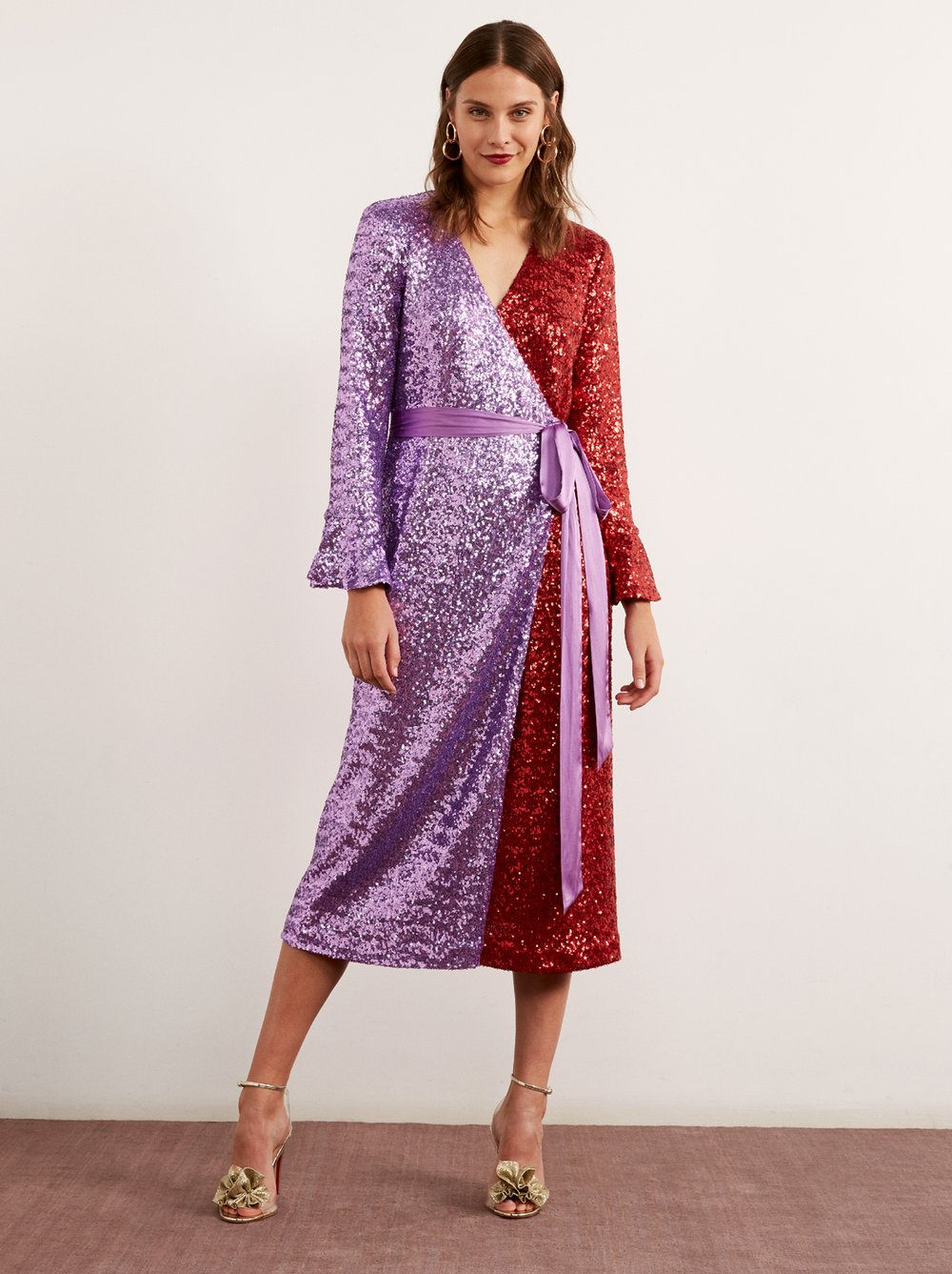 slim fit dress slacks Ruma Faux Wrap Shirt Dress Sequin Silver main image 1