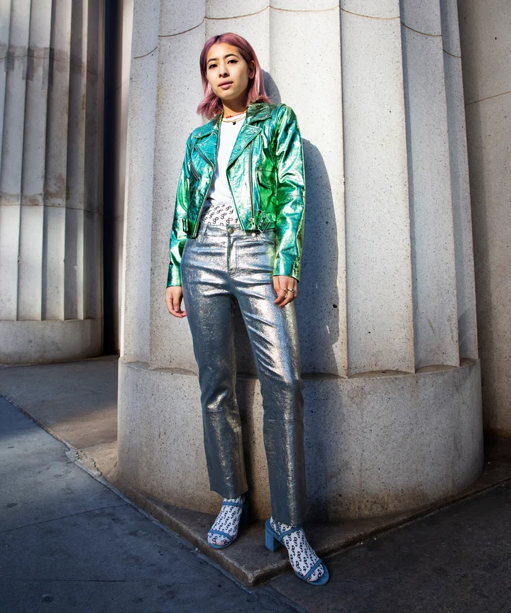 denim and leather outfit