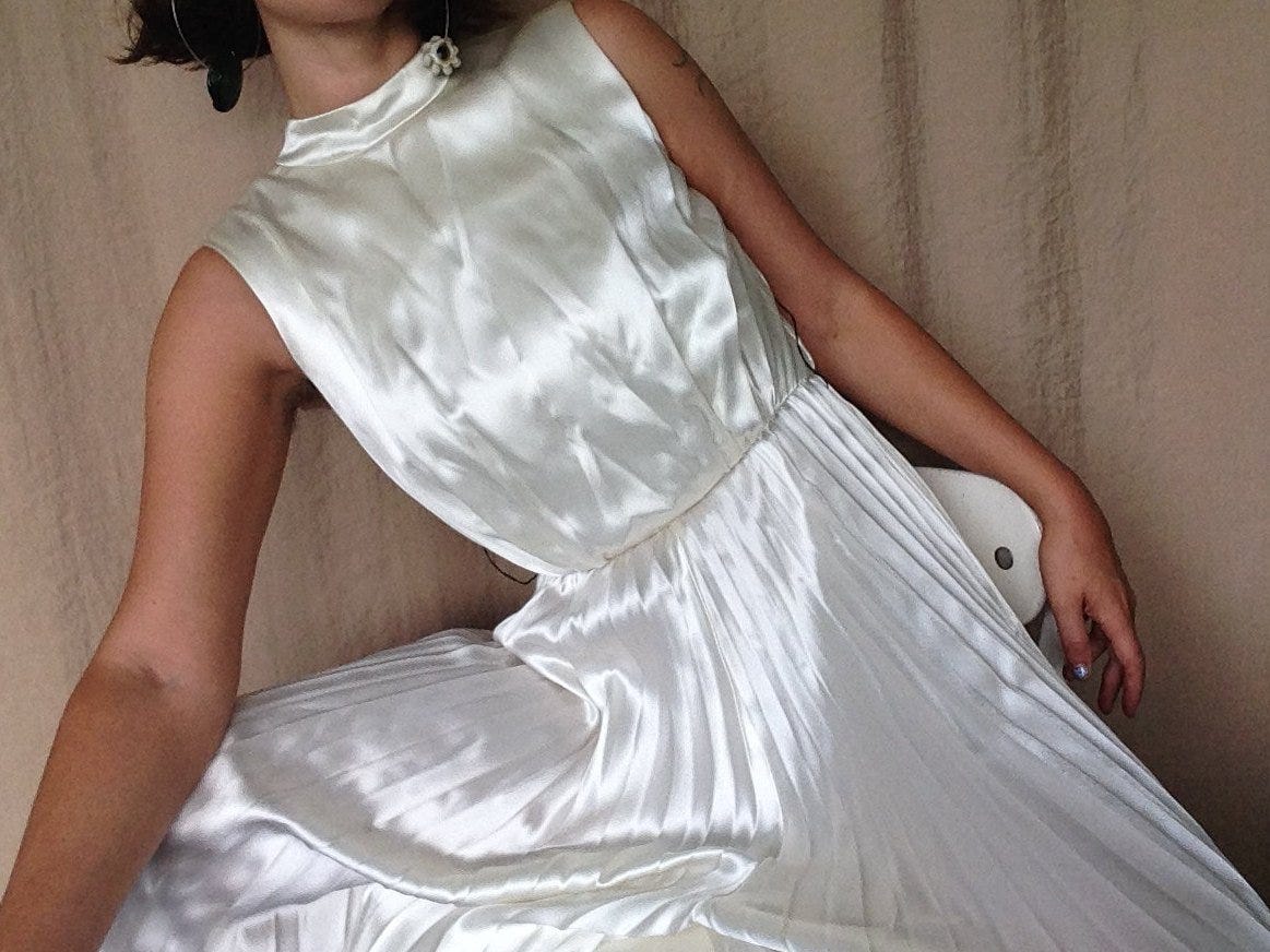 MajKiosk + 60s White Jumpsuit with Accordion Pleat
