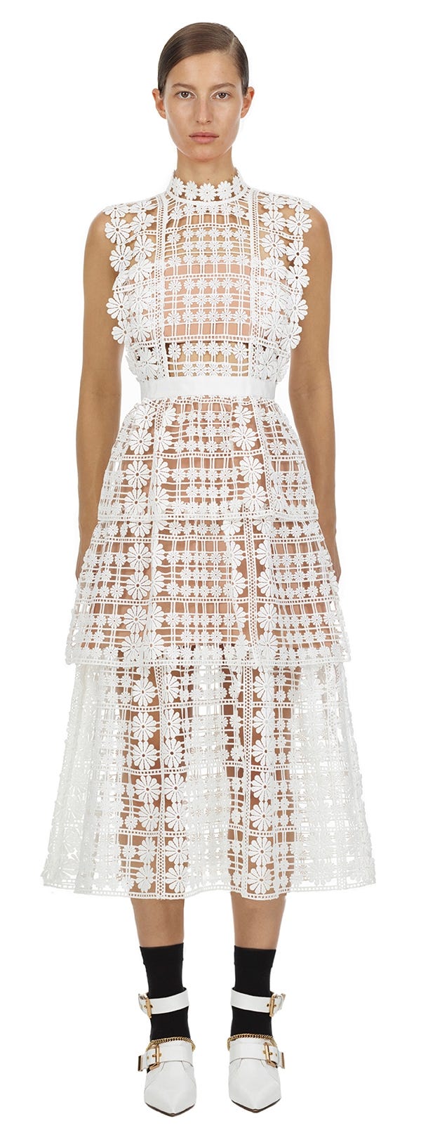 Self Portrait + White Floral Lattice Lace Dress