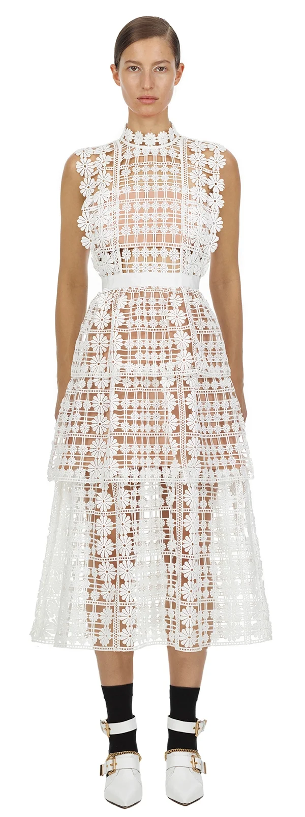 Self Portrait + White Floral Lattice Lace Dress