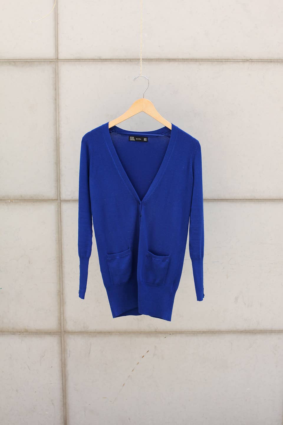 bright blue cardigan