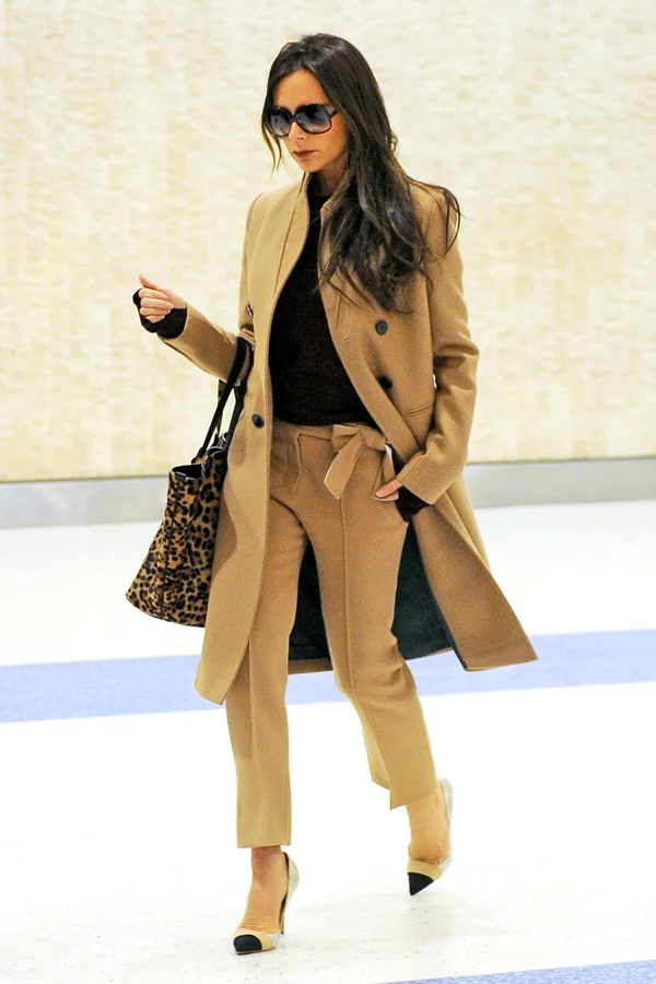 Victoria Beckham Camel Coat Airport Outfit