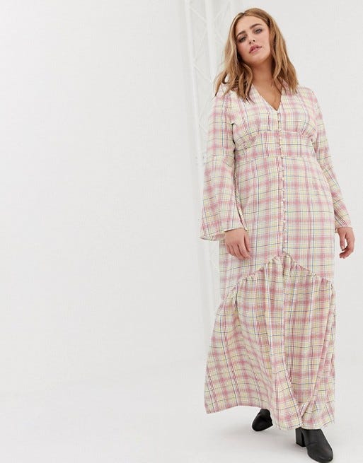 Glamorous + Curve Maxi Tea Dress With Button Front In Grid Check
