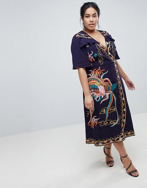 ASOS DESIGN + Premium Embroidered Ruffle Wrap Dress