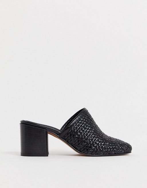 woven heeled mules