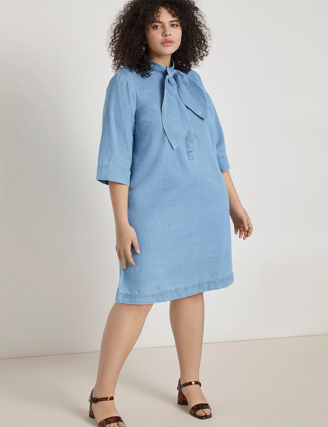 Eloquii + Tie Neck Denim Dress