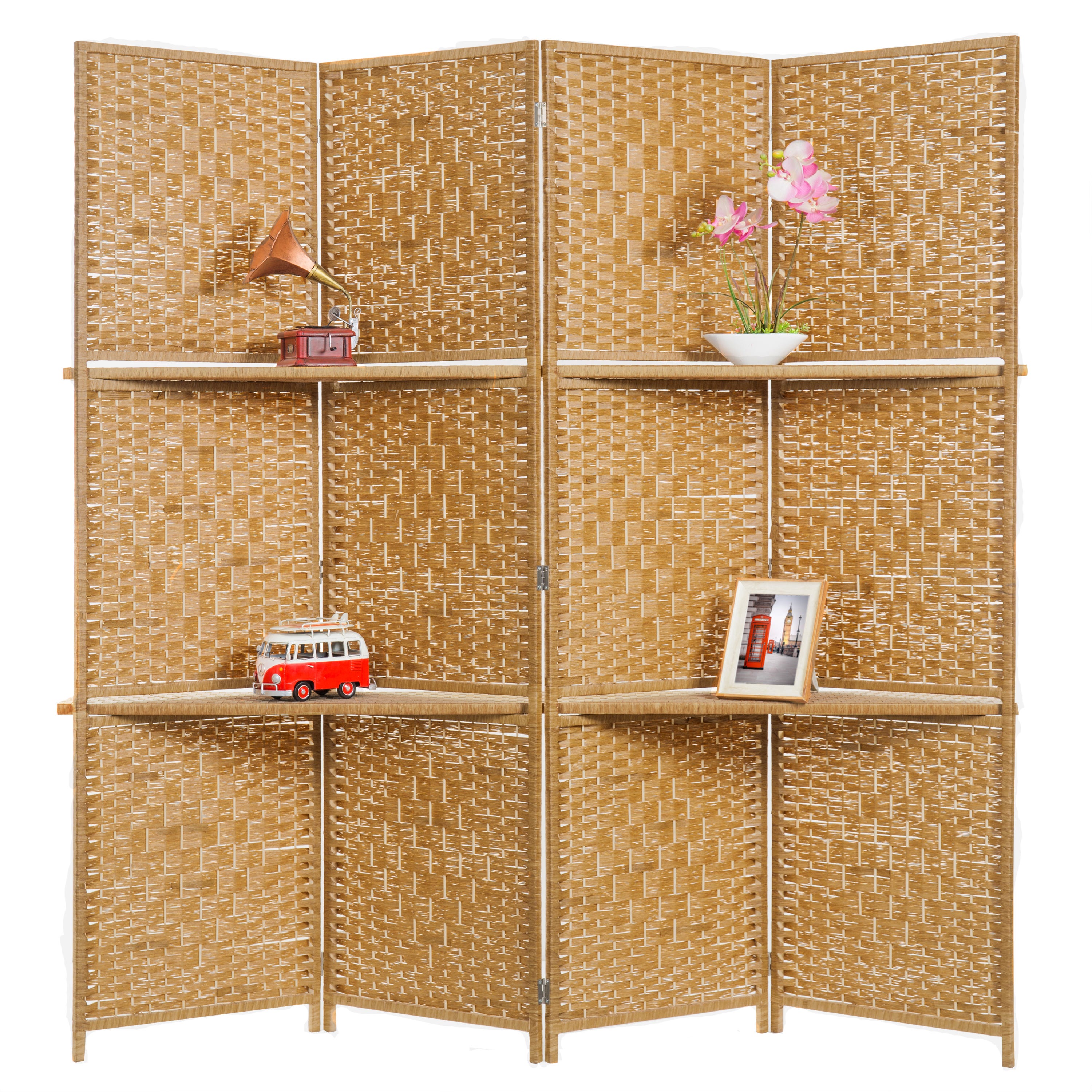 MyGift + Wooden & Paper-Rope Woven Divider With Shelves