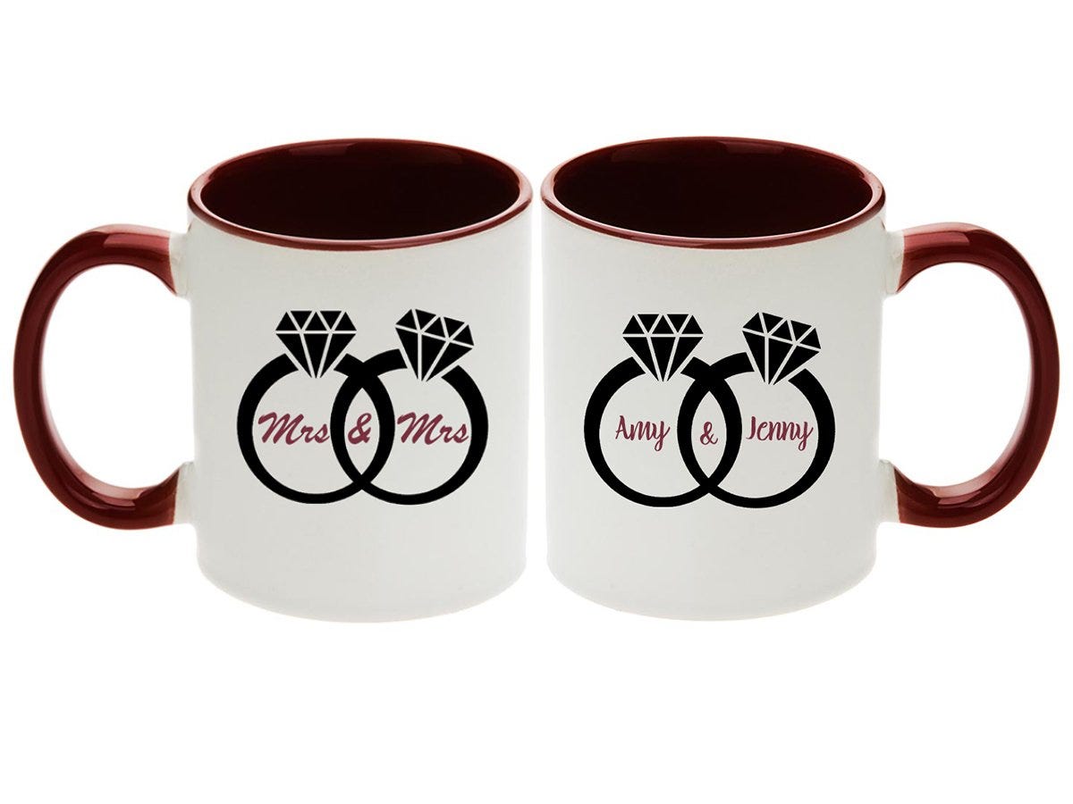 Unique Giftworks + Lesbian Wedding Gift – Pair of Mrs & Mrs  Diamond Rings Design Coffee Mugs with Optional Personalization! (2pcs)  (Personalize Them!)