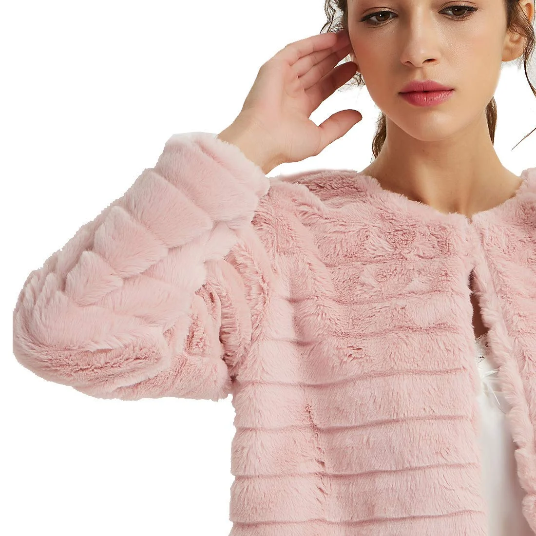New Dance Womens Short Faux Fur Coat Long Sleeve Luxury Pink Winter Parka Outwear