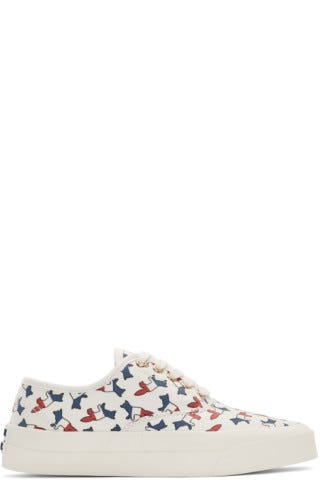 Maison Kitsune White Canvas All Over Tricolor Fox Sneakers