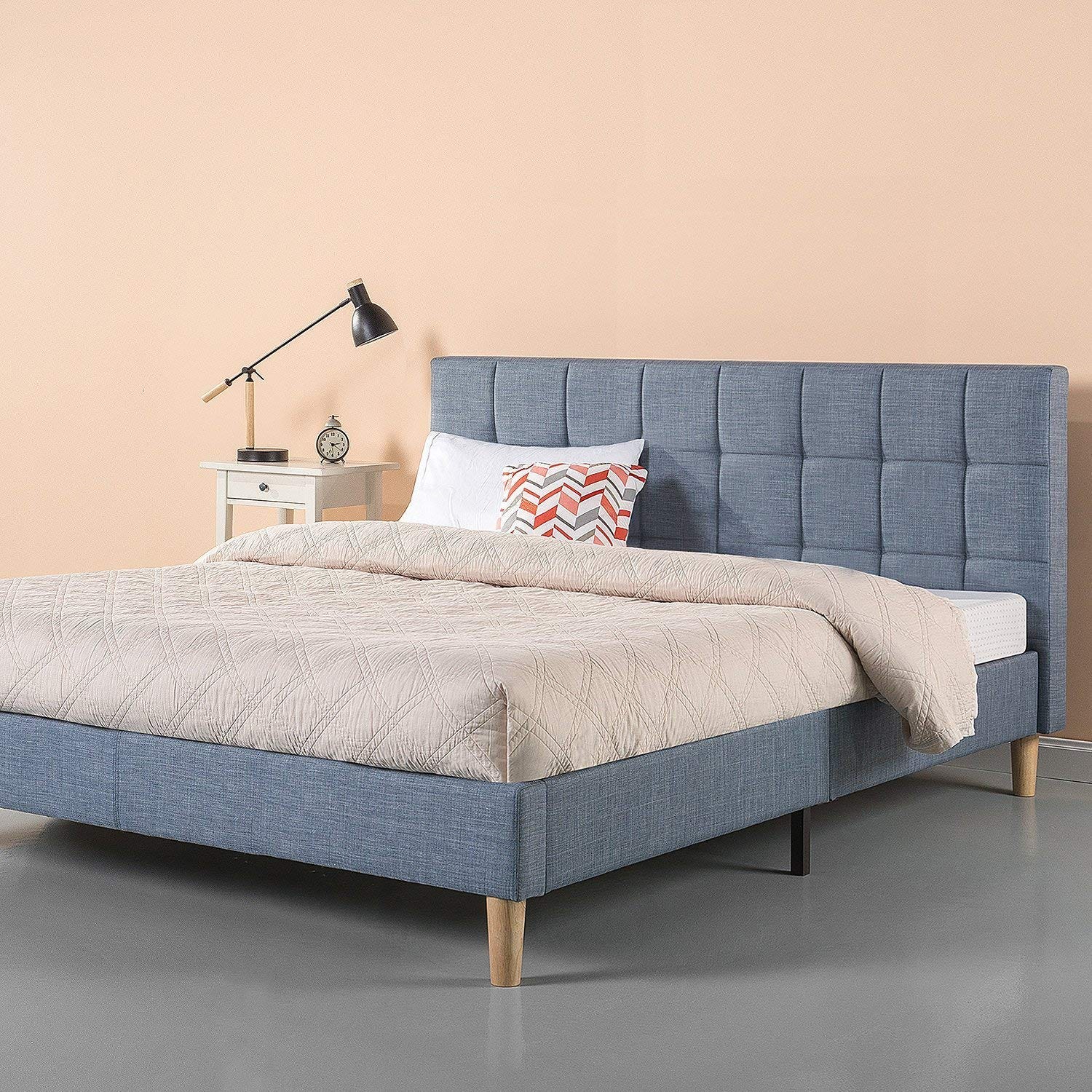Zinus Upholstered Square Stitched Platform Bed King Light Blue Upholstered Square Stitched Platform Bed King Light Blue