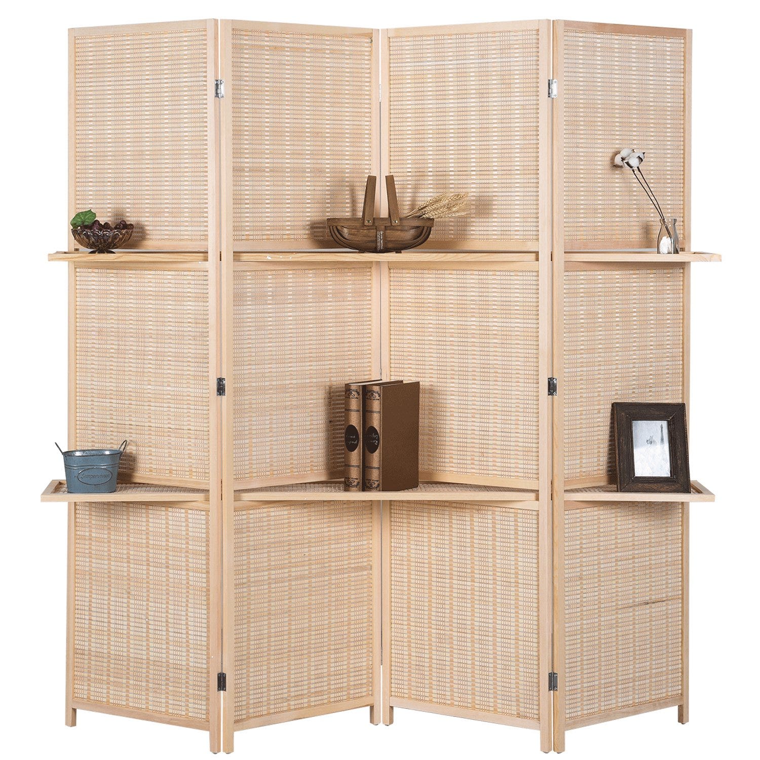 Rose Home Fashion + Woven Bamboo Room Divider With Display Shelves